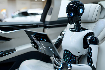 Futuristic Opulent Android in Luxurious Limousine - Affluent AI Humanoid Robot Showcasing Wealth and Elite Status