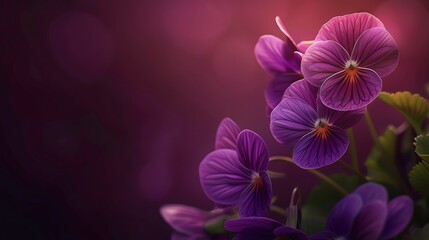 Fototapeta na wymiar Violets in bloom, rich burgundy background, botanical arts magazine cover, warm backlight, centered and lush