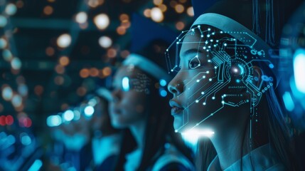 A graduation ceremony for a neurotech moral and ethical training program with a diverse group of proud participants showcasing their newfound skills..