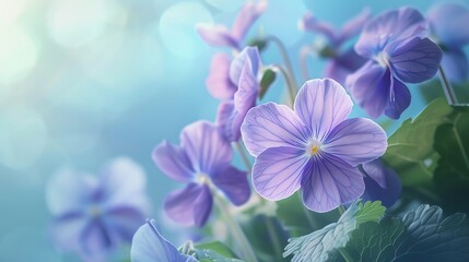 Wild violets, pastel blue matte background, nature conservation magazine cover, serene afternoon lighting, eyelevel shot