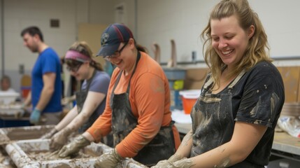 Participants cleaning up their workstations and tools at the end of the day with claystained hands and satisfied smiles.