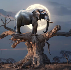 Fototapeta premium Elephant Sitting On a Tree With The Moon Overhead
