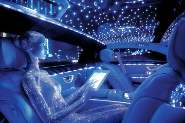 Futuristic Opulent Female Android in Luxurious Limousine - Affluent AI Humanoid Robot Showcasing Wealth and Elite Status