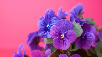 Cluster of violets, vibrant pink background, floral design magazine cover, bright natural daylight, slightly offcenter