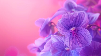Cluster of violets, vibrant pink background, floral design magazine cover, bright natural daylight, slightly offcenter
