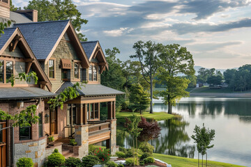 A two-story Craftsman house with a blend of brick and wood siding, multiple gabled roofs, and a spacious front porch overlooking a serene lake.