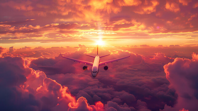 Commercial airplane jetliner flying above dramatic clouds in beautiful sunset light. Travel concept