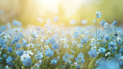 Field of forgetmenots, serene cream background, tranquil nature walks magazine cover, gentle natural light, full page display