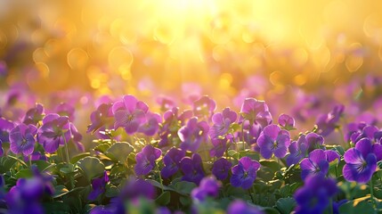 Field of violets, sunny yellow background, gardening tips magazine cover, vibrant sunlight, overhead view
