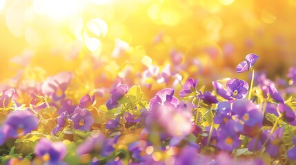 Field of violets, sunny yellow background, gardening tips magazine cover, vibrant sunlight, overhead view