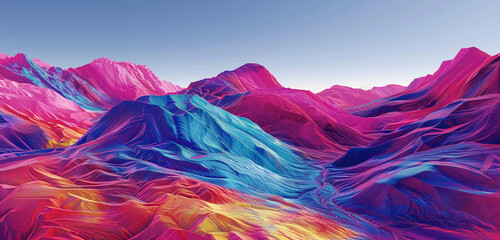 Expansive digital landscape with algorithmic mountains and valleys, rendered in vivid colors in a 7:4 format.
