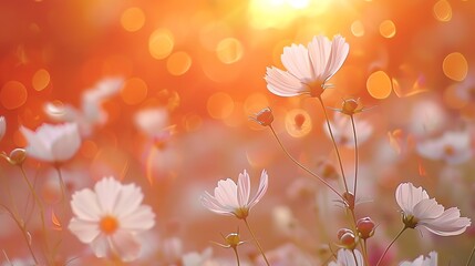 Field of white cosmos, vibrant orange background, autumn floral magazine cover, soft afternoon glow, slightly offcenter