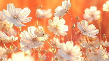 Field of white cosmos, vibrant orange background, autumn floral magazine cover, soft afternoon glow, slightly offcenter
