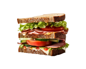A towering deli sandwich with layers of ham, turkey, cheese, lettuce, and tomato on whole grain bread, isolated on transparent background. Generative AI