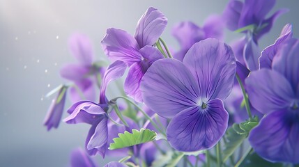 Fragrant violets, soft gray background, aromatherapy magazine cover, crisp morning light effect, close frontal view