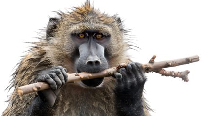 baboon with stick in his mouth isolated on transparent background