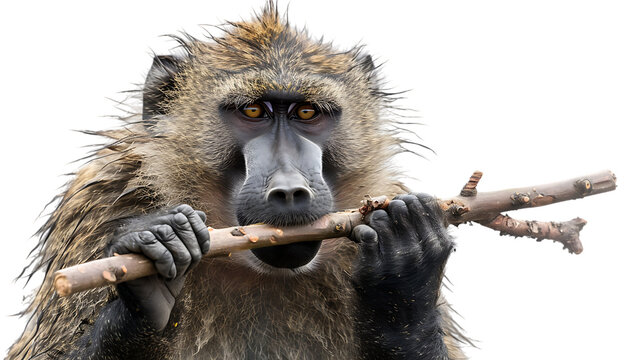 baboon with stick in his mouth isolated on transparent background