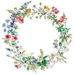 Obraz na płótnie Canvas circular frame, colorful forest flower theme, a few small flowers, white background, white center