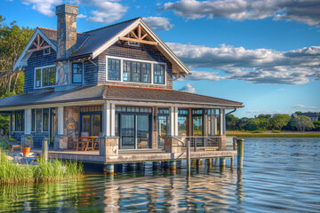 A waterfront Craftsman house with a private pier, shingle siding, and a sunroom facing the sea, offering a perfect blend of traditional architecture and coastal living.