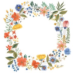 circular frame, colorful forest flower theme, a few small flowers, white background, white center