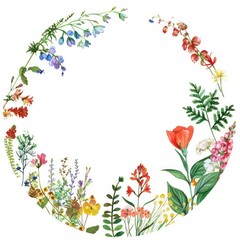 circular frame, colorful forest flower theme, a few small flowers, white background, white center
