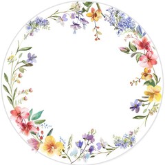 Obraz na płótnie Canvas circular frame, colorful forest flower theme, a few small flowers, white background, white center