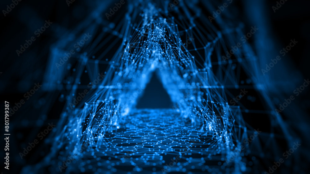 Poster technology concept big data network, tunnel triangle with dot and lines dark blue abstract backgroun