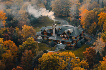 An aerial view of a sprawling craftsman style estate surrounded by autumnal forests, with smoke gently rising from its chimney into the crisp air.