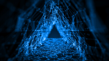 Technology concept big data network, Tunnel triangle with dot and lines dark blue abstract background. 3d rendering.
