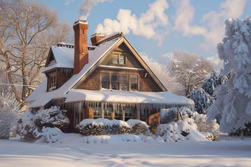 An antique craftsman house enveloped in a thick layer of snow, with smoke curling up from its chimney and icicles adorning the eaves, creating a picture of winter wonder.