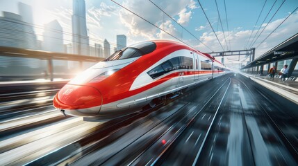Fototapeta premium high speed train with the city as background, blue sky and white clouds