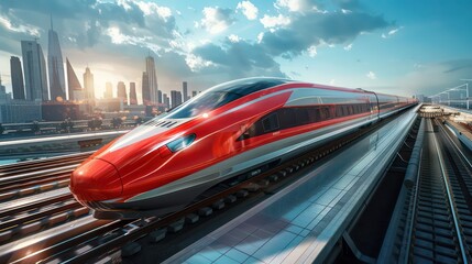 high speed train with the city as background, blue sky and white clouds