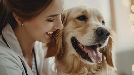 At a Modern Vet Clinic: Golden Retriever Sitting on Examination Table as a Female Veterinarian Assesses the Dog's Health. Handsome Dog's Owner Helps to Calm Down the Pet