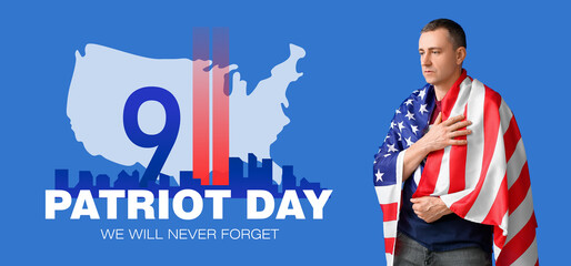 Banner for Patriot Day with mature man and USA flag