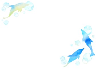 夏にぴったりなイルカのさわやか水彩フレーム。水彩画のグラデーションが綺麗なイラスト。