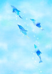 イルカの群れが海の中を泳いでいる縦長のイラスト。水彩画のグラデーションが美しい夏らしい爽やかな画像。