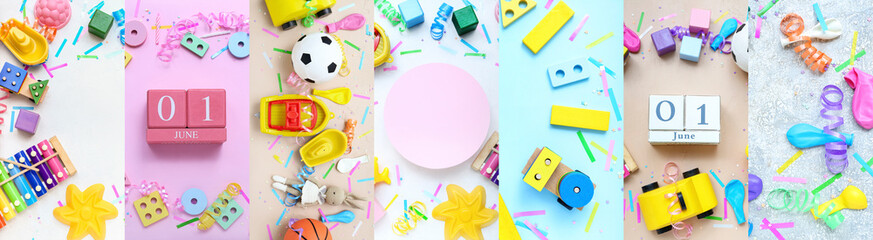 Collage of banner for Children's Day, calendars and toys on color background