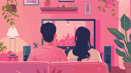 Young couple watching TV on pink background Vector style