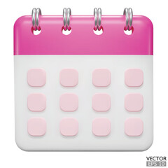 Calendar date 3d icon. Pink calendar with flipping pages and rings isolated on white background. Daily schedule planner.