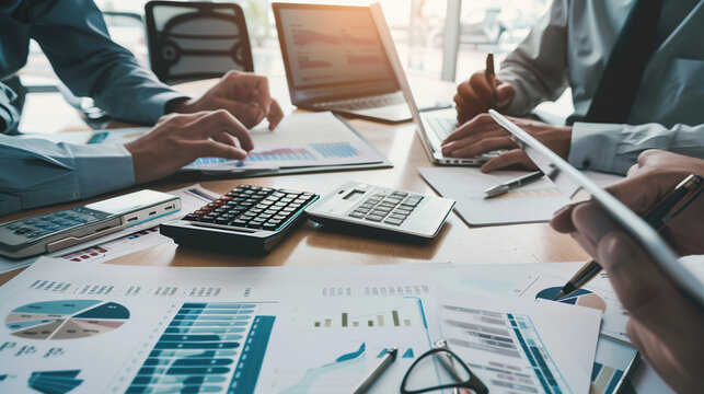 Image of Audit team working together and looking about transaction for corruption of company. Finance budget concept.