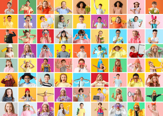 Big collage of happy little children on color background