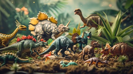 A collection of toy dinosaurs arranged in a prehistoric scene
