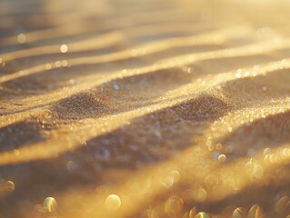 Sunlight sparkles on the intricate textures of a sandy beach at golden hour.