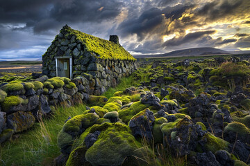 An Icelandic cottage with moss-covered lava stone walls, blending into the rugged volcanic landscape under a dramatic sky.