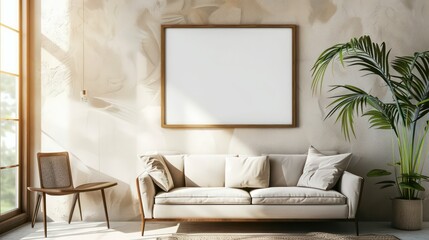 modern frame hanging on a wall, in a well lit coastal living room, frame is empty mock up
