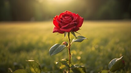  A solitary red rose standing tall in a field of green, bathed in soft golden sunlight 