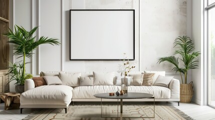 modern frame hanging on a wall, in a well lit coastal living room, frame is empty mock up