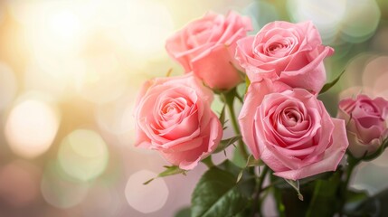 Elegant pink roses with delicate petals against a softly blurred bokeh background.