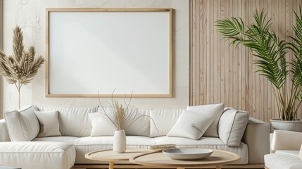 modern frame hanging on a wall, in a well lit coastal living room, frame is empty mock up