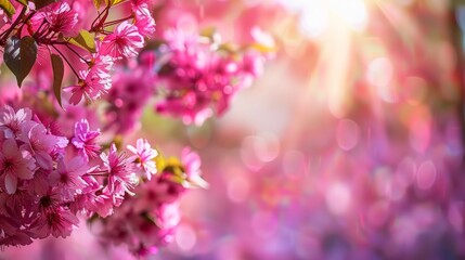 Vivid pink cherry blossoms highlighted by a bright sun flare, emphasizing the lush, vibrant colors of spring.